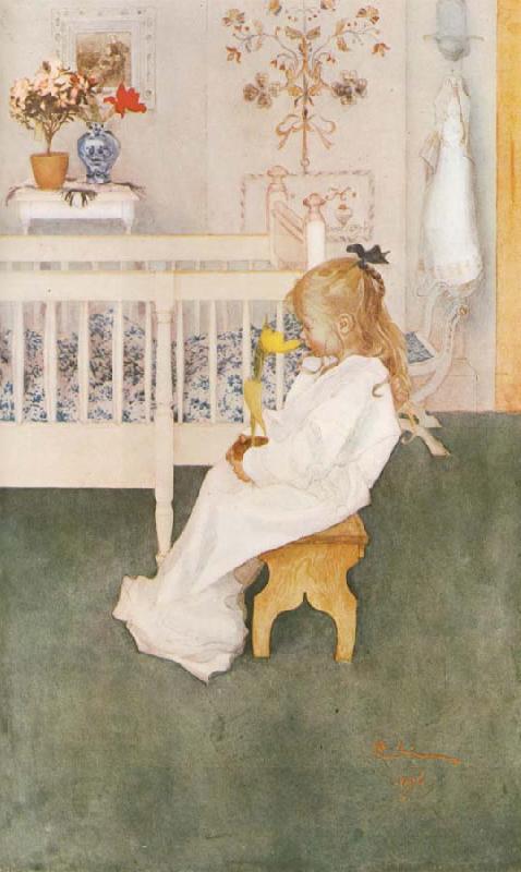 Carl Larsson Lisbeth in her night Dress with a yellow tulip China oil painting art